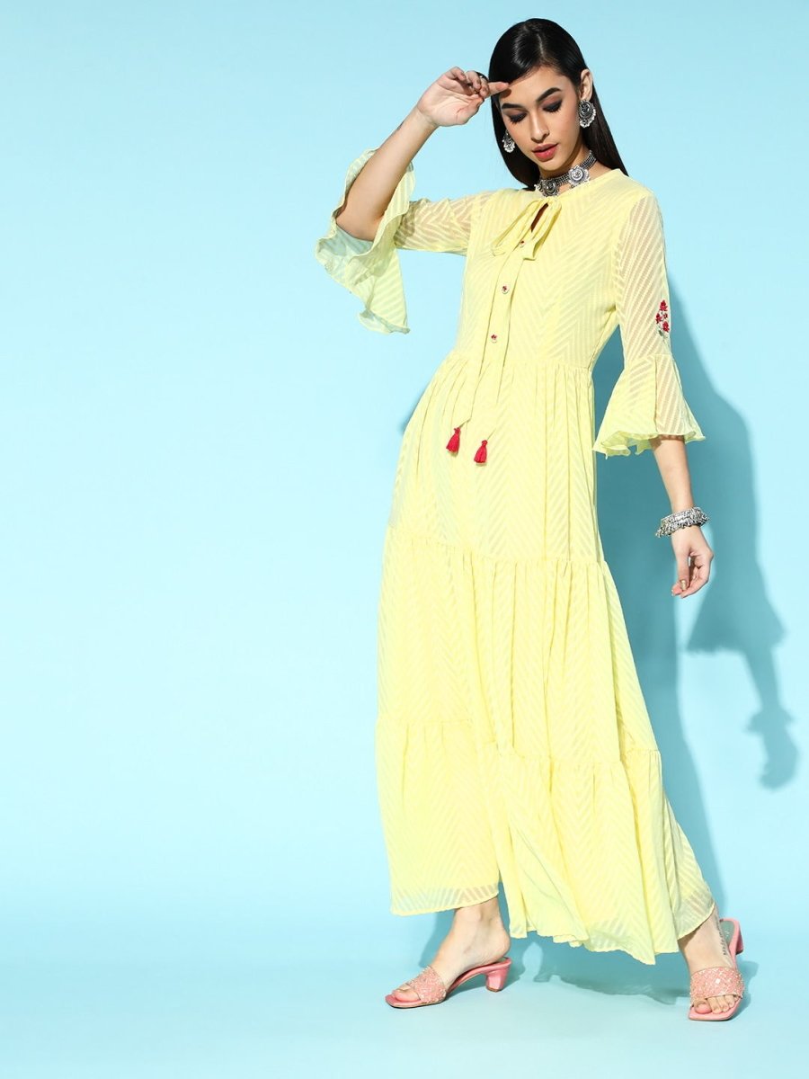 Yellow Polyester Partywear Solid Dresses - Inddus.com