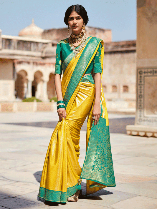 Yellow Silk Embellished Saree - Inddus.com