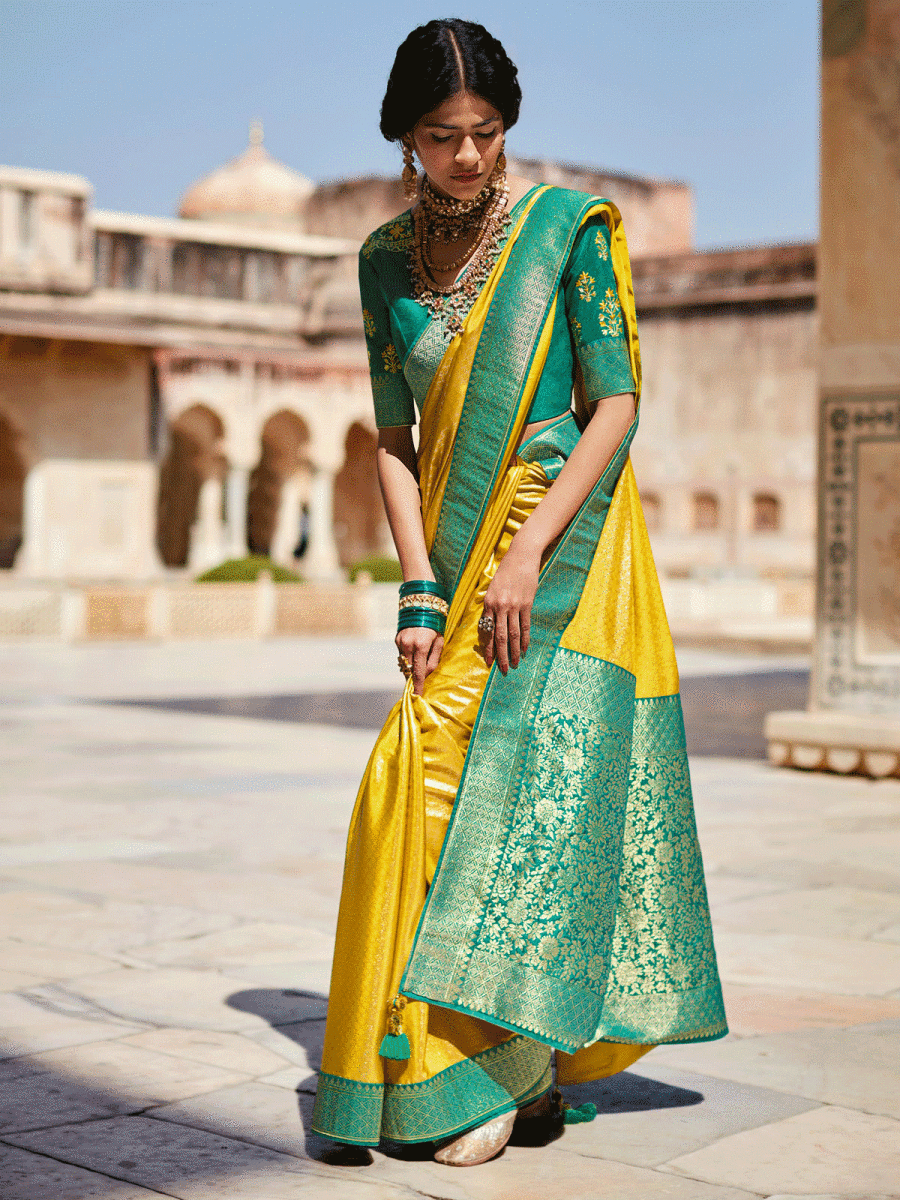 Yellow Silk Embellished Saree - Inddus.com