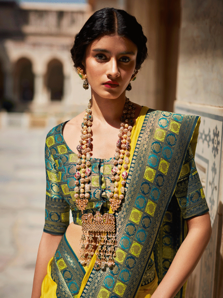 Yellow Silk Embellished Saree - Inddus.com