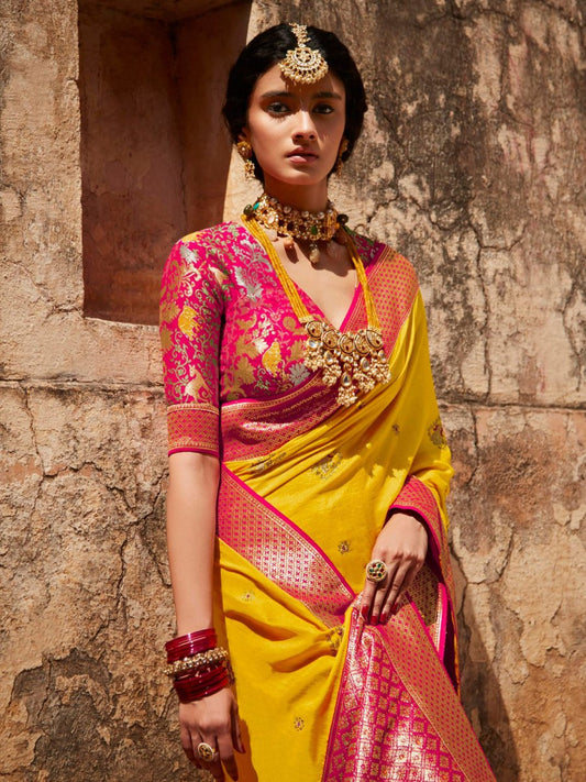 Yellow Silk Partywear Saree - Inddus.com