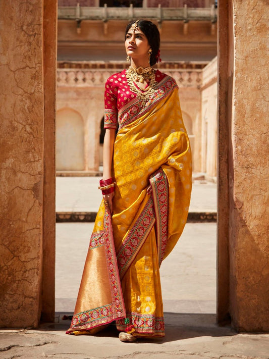 Yellow Silk Partywear Saree - Inddus.com