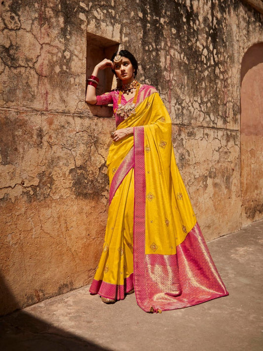 Yellow Silk Partywear Saree - Inddus.com