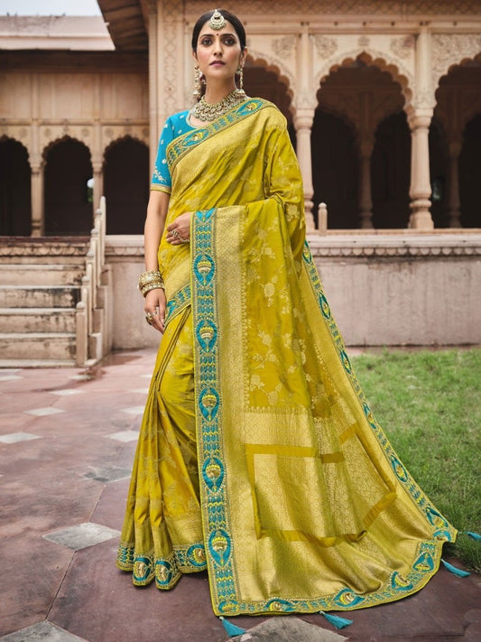 Yellow Silk Woven Saree - inddus-us