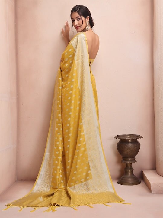 Yellow & Silver-Toned Woven Design Zari Tissue Kanjeevaram Saree - Inddus.com