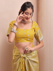 Yellow & Silver-Toned Woven Design Zari Tissue Kanjeevaram Saree - Inddus.com