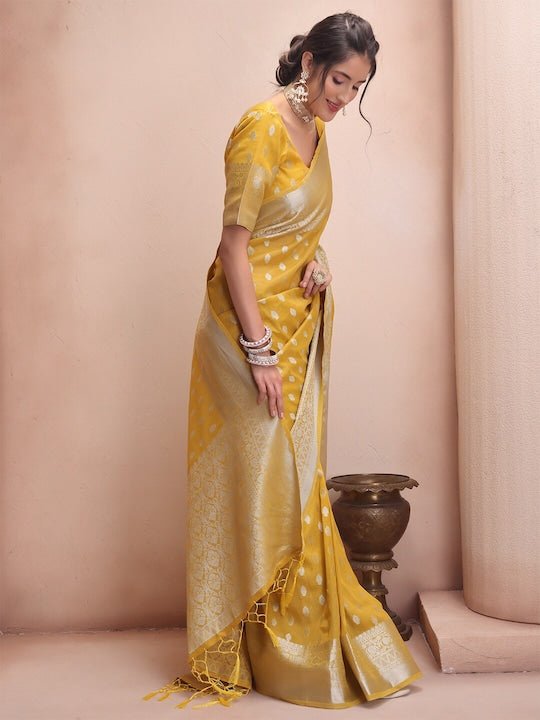 Yellow & Silver-Toned Woven Design Zari Tissue Kanjeevaram Saree - Inddus.com