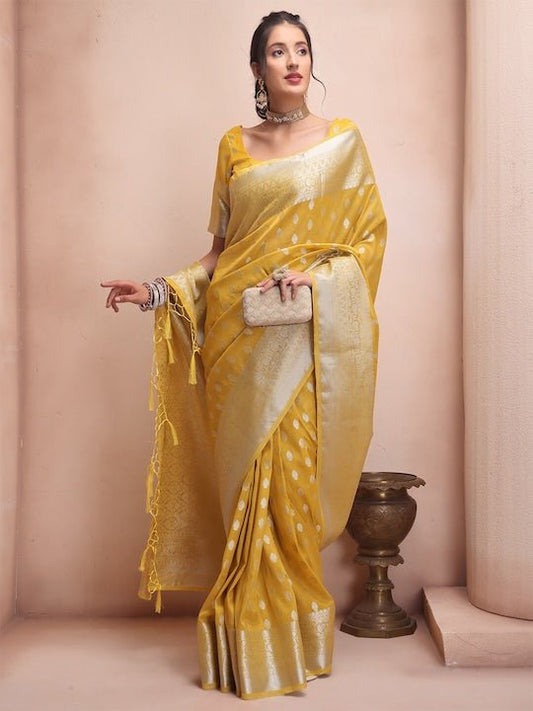 Yellow & Silver-Toned Woven Design Zari Tissue Kanjeevaram Saree - Inddus.com