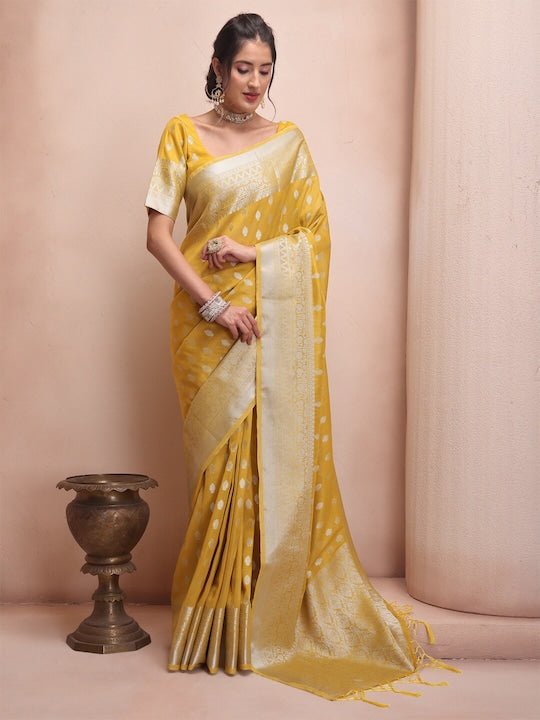 Yellow & Silver-Toned Woven Design Zari Tissue Kanjeevaram Saree - Inddus.com