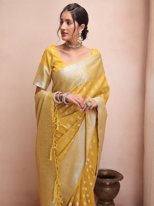 Yellow & Silver-Toned Woven Design Zari Tissue Kanjeevaram Saree - Inddus.com