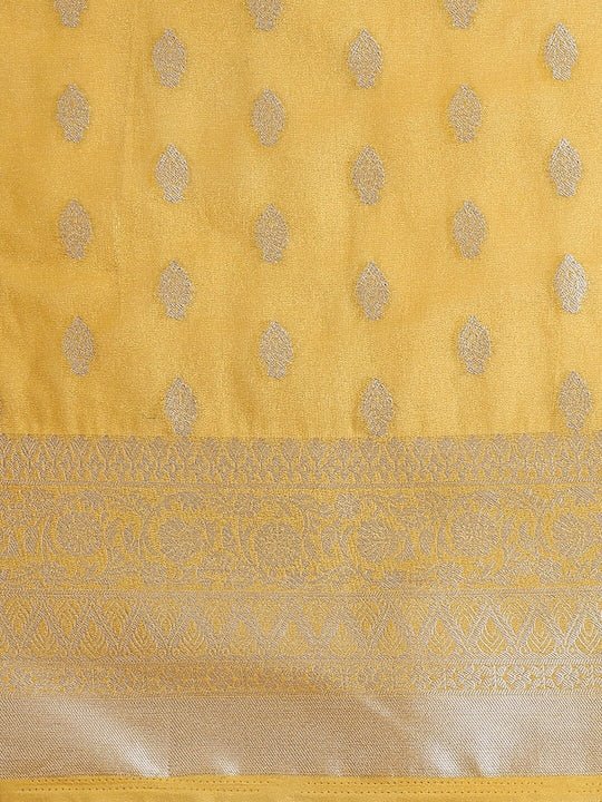 Yellow & Silver-Toned Woven Design Zari Tissue Kanjeevaram Saree - Inddus.com