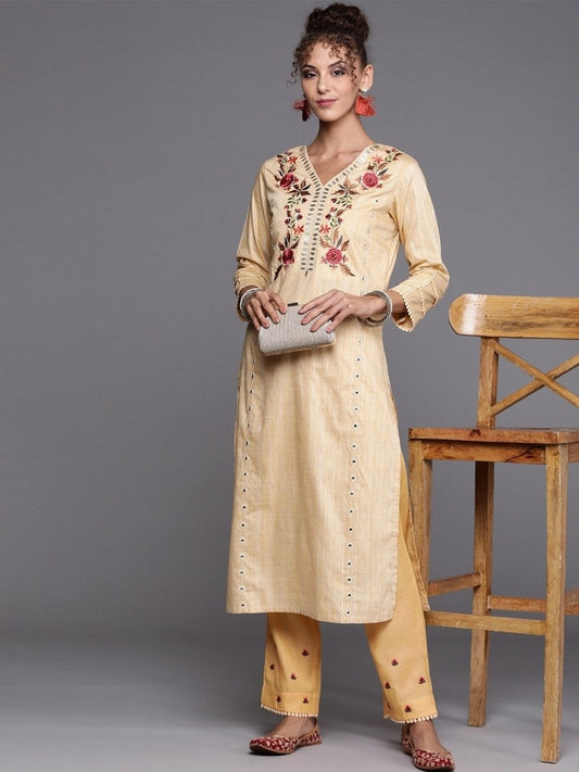 Yellow Yoke Embroidered Kurta with Embroidered Pants - inddus-us