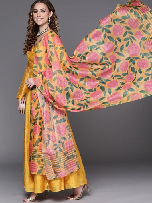 Yellow Yoke Embroidered Kurta with Printed Dupatta - Inddus.com