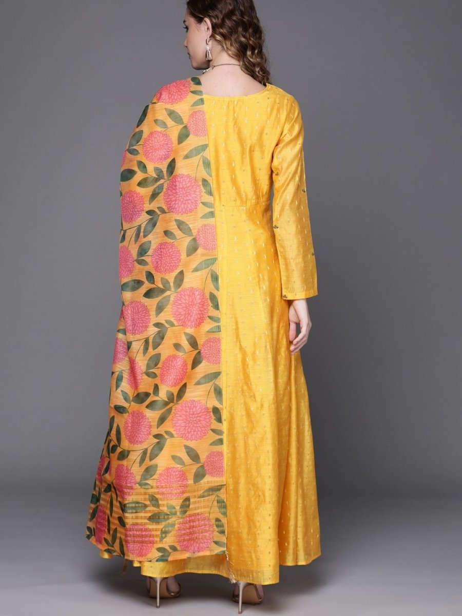 Yellow Yoke Embroidered Kurta with Printed Dupatta - Inddus.com