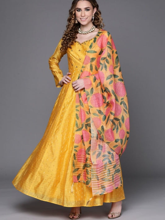 Yellow Yoke Embroidered Kurta with Printed Dupatta - Inddus.com