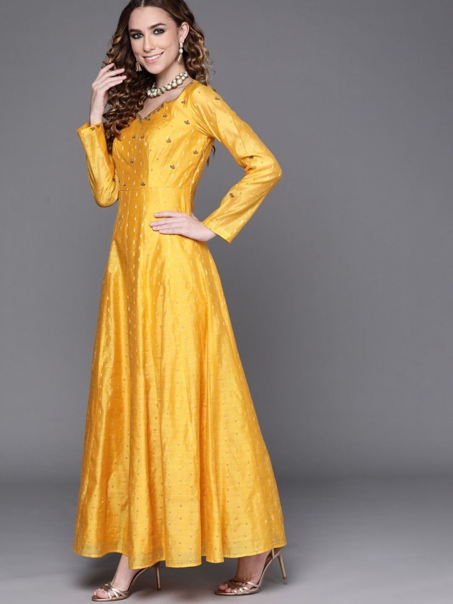 Yellow Yoke Embroidered Kurta with Printed Dupatta - Inddus.com