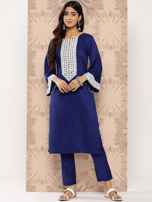 Yoke Design Regular Thread Work Kurta with Trousers - Inddus.com